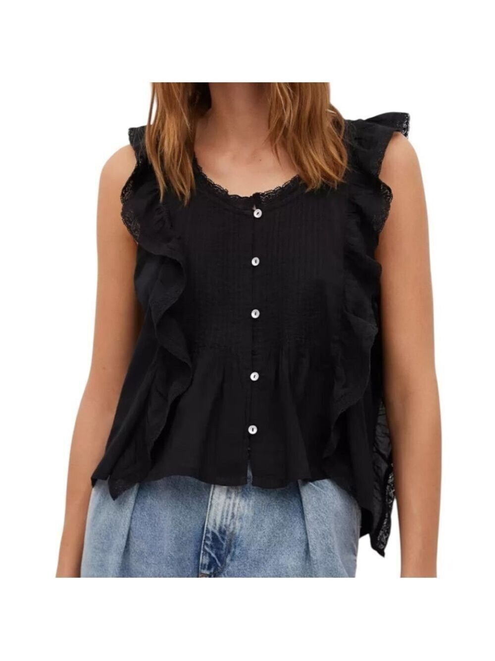 MANGO Black Cotton Lace Ruffles Pin-tucks detail coquette top button front Sz 10